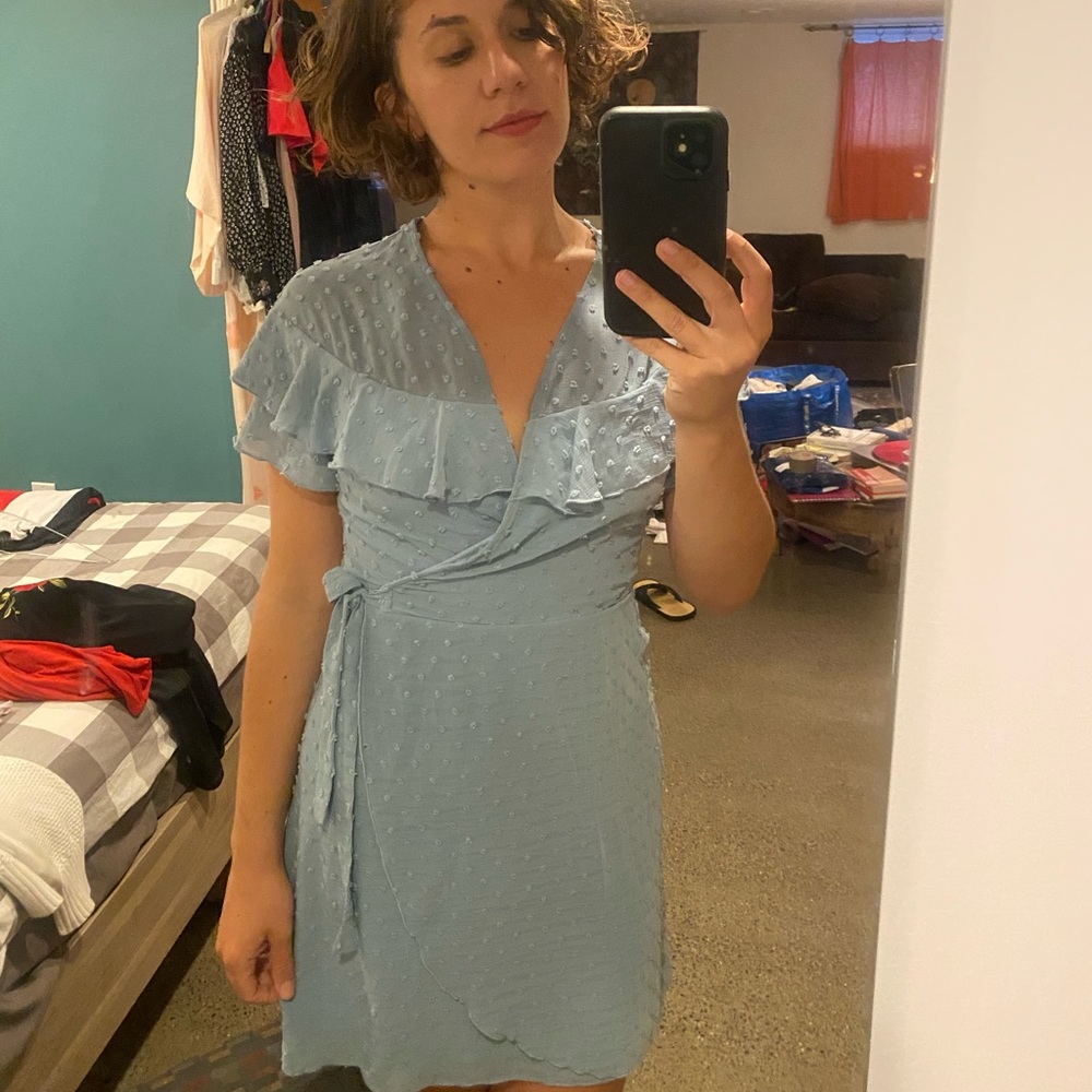 Baby Blue Chiffon Textured Dot Dress - Picture 6 of 6